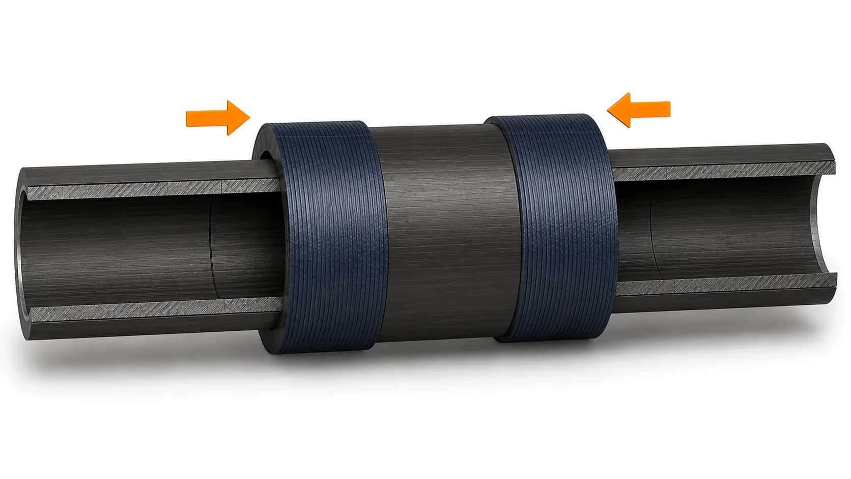 Schnittansicht einer mechanischen FKV-Rohrverbindung mit Verbindungsstück und Stützringen